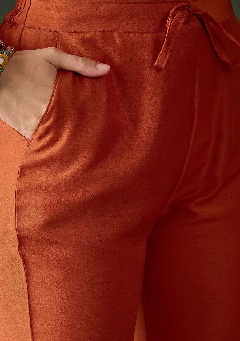 Orange Embroidered Blended Kurta Set - Indya