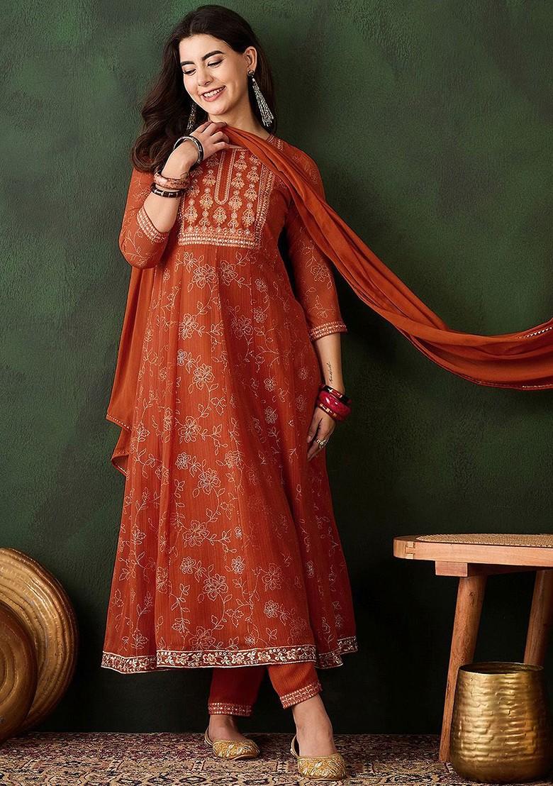 Orange Printed Blended Kurta Set - Indya
