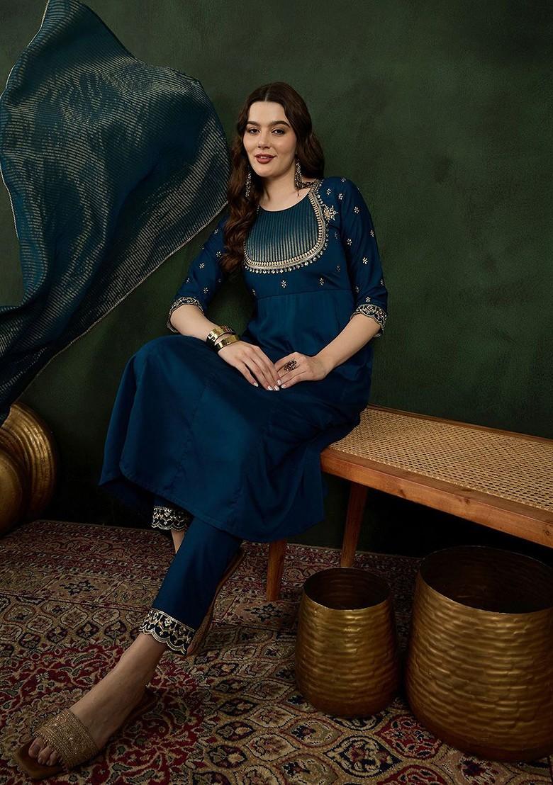 Teal Embroidered Blended Kurta Set - Indya