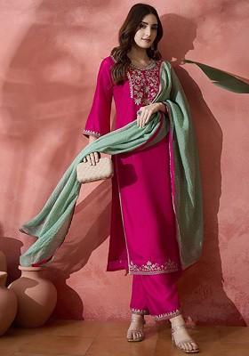 Magenta Embroidered Blended Kurta Set