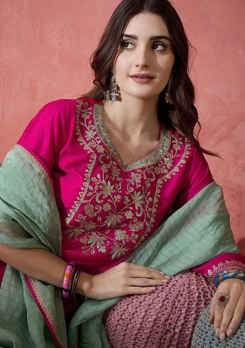 Magenta Embroidered Blended Kurta Set - Indya