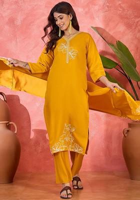 Orange Embroidered Blended Kurta Set