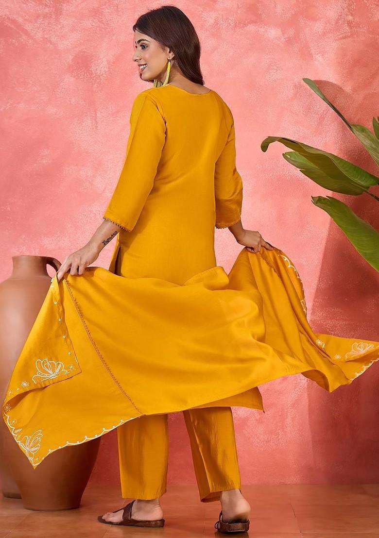 Orange Embroidered Blended Kurta Set - Indya