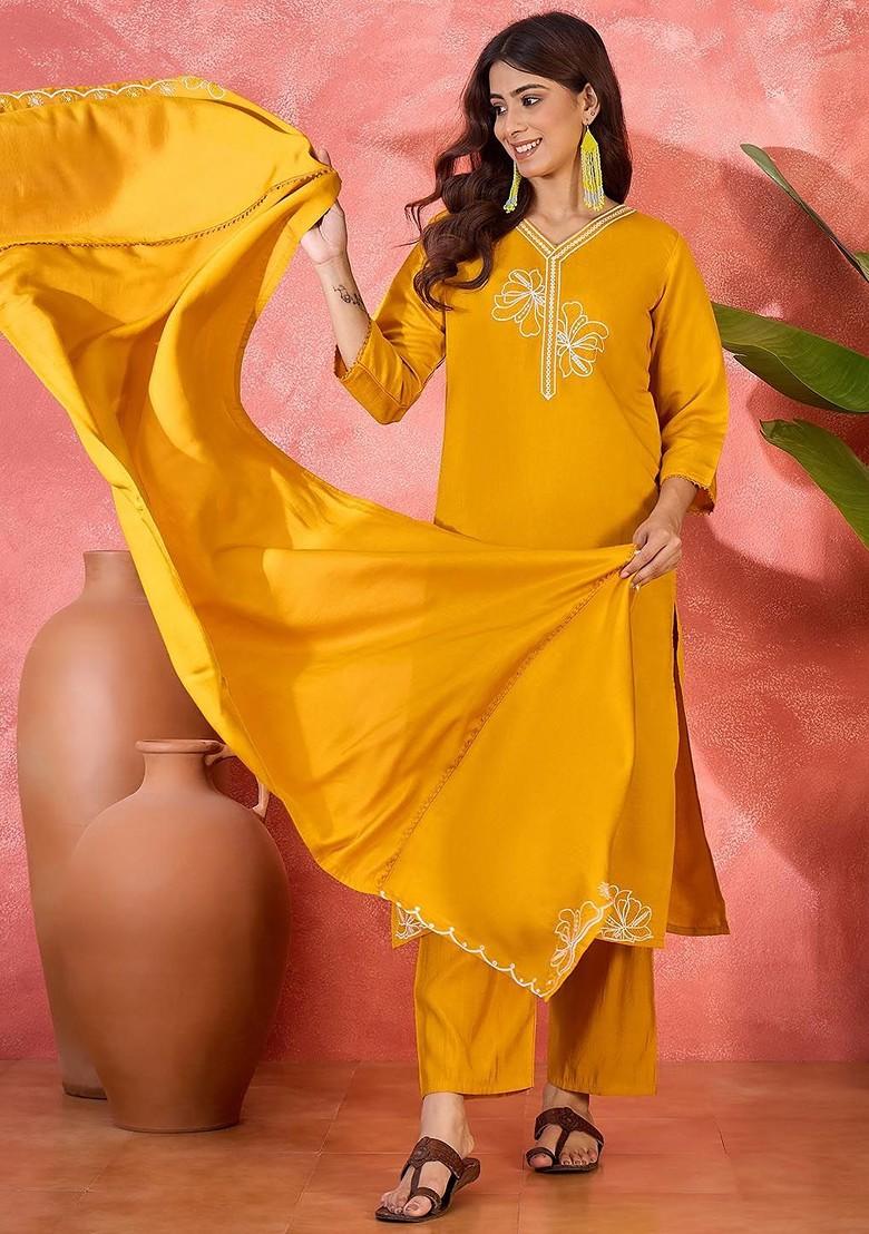 Orange Embroidered Blended Kurta Set - Indya