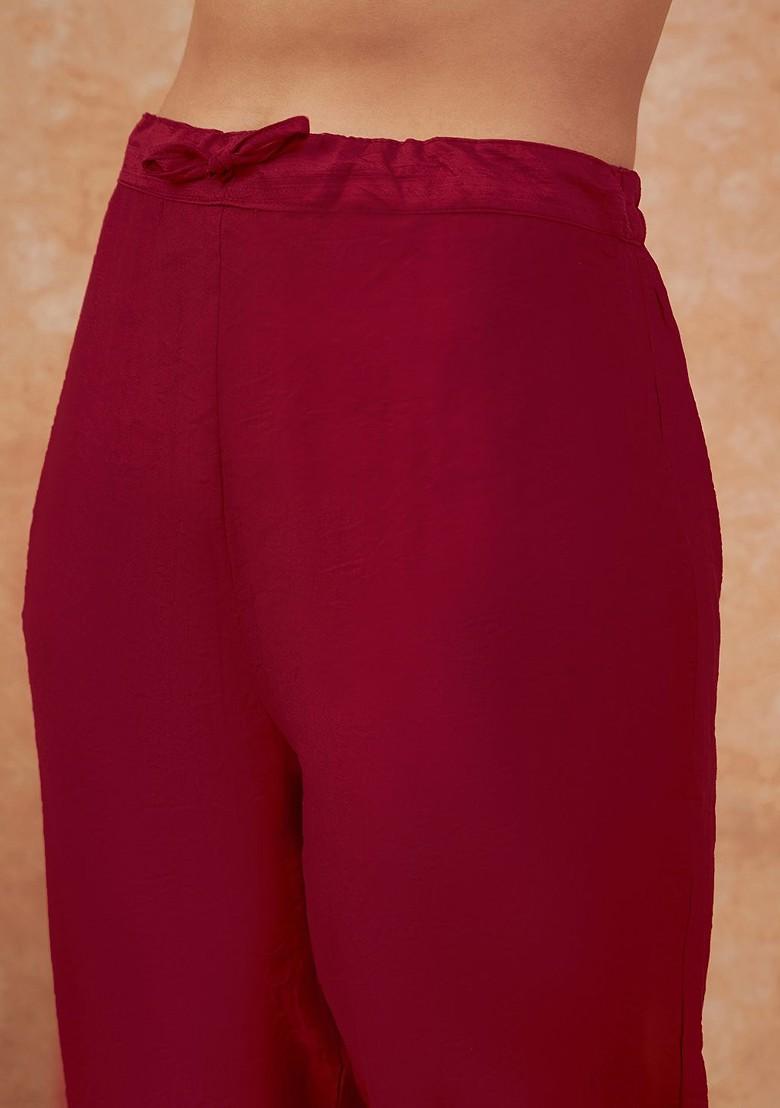 Maroon Embroidered Blended Kurta Set - Indya