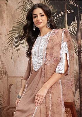 Brown Yoke Design Blended Kurta Set