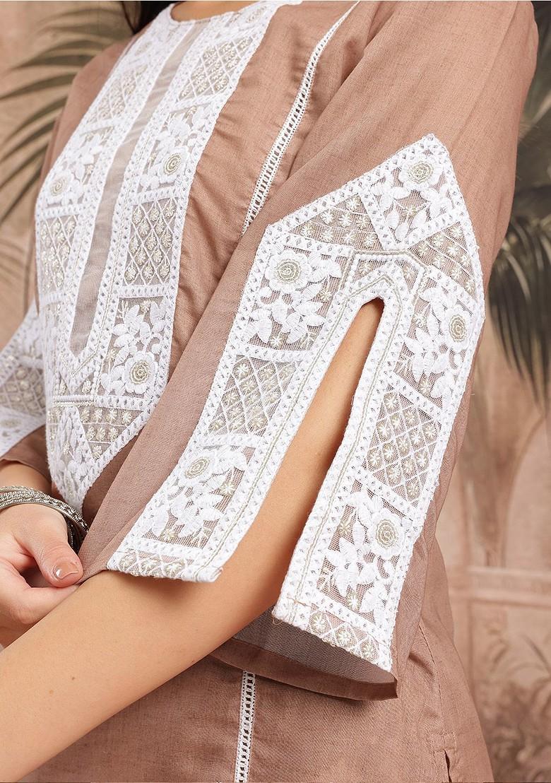 Brown Yoke Design Blended Kurta Set - Indya