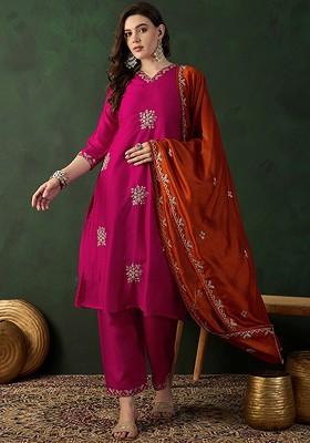Magenta Embroidered Blended Kurta Set