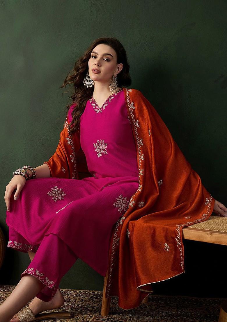 Magenta Embroidered Blended Kurta Set - Indya