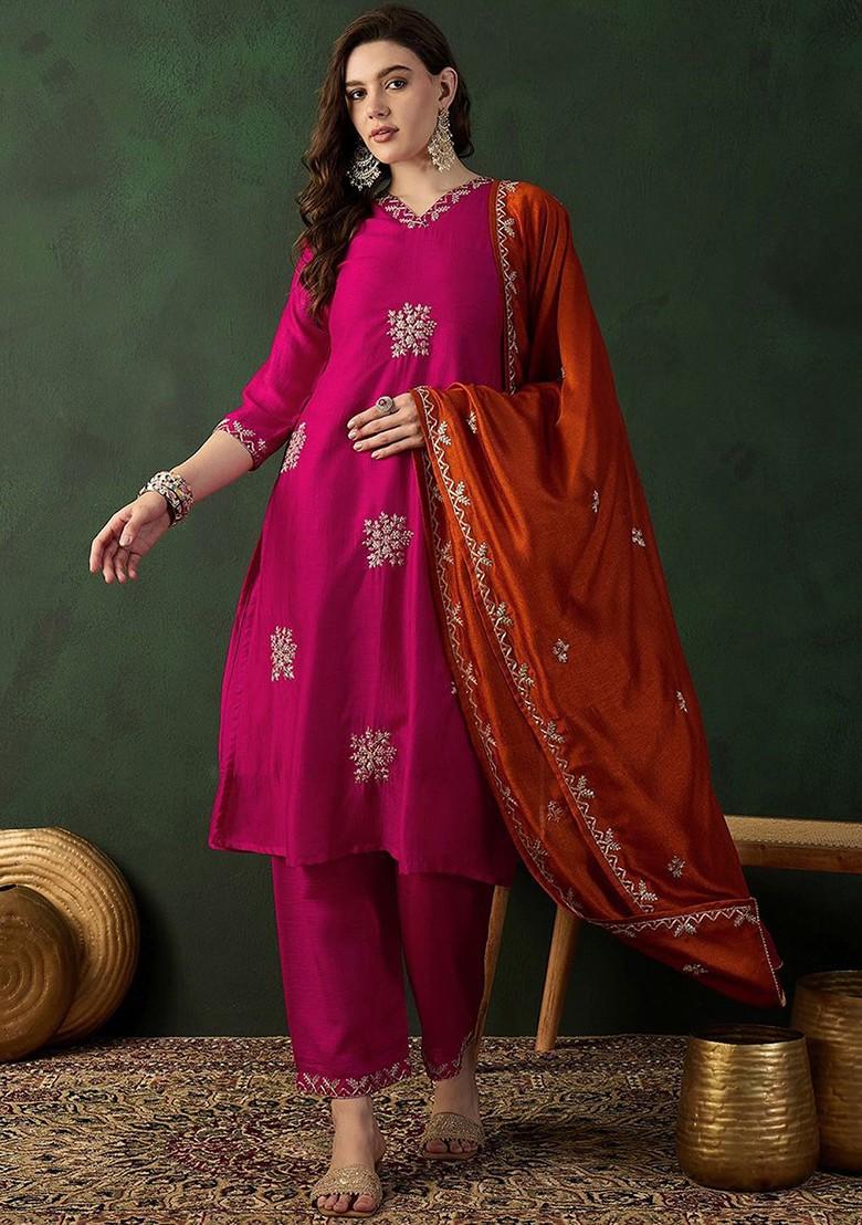 Magenta Embroidered Blended Kurta Set - Indya