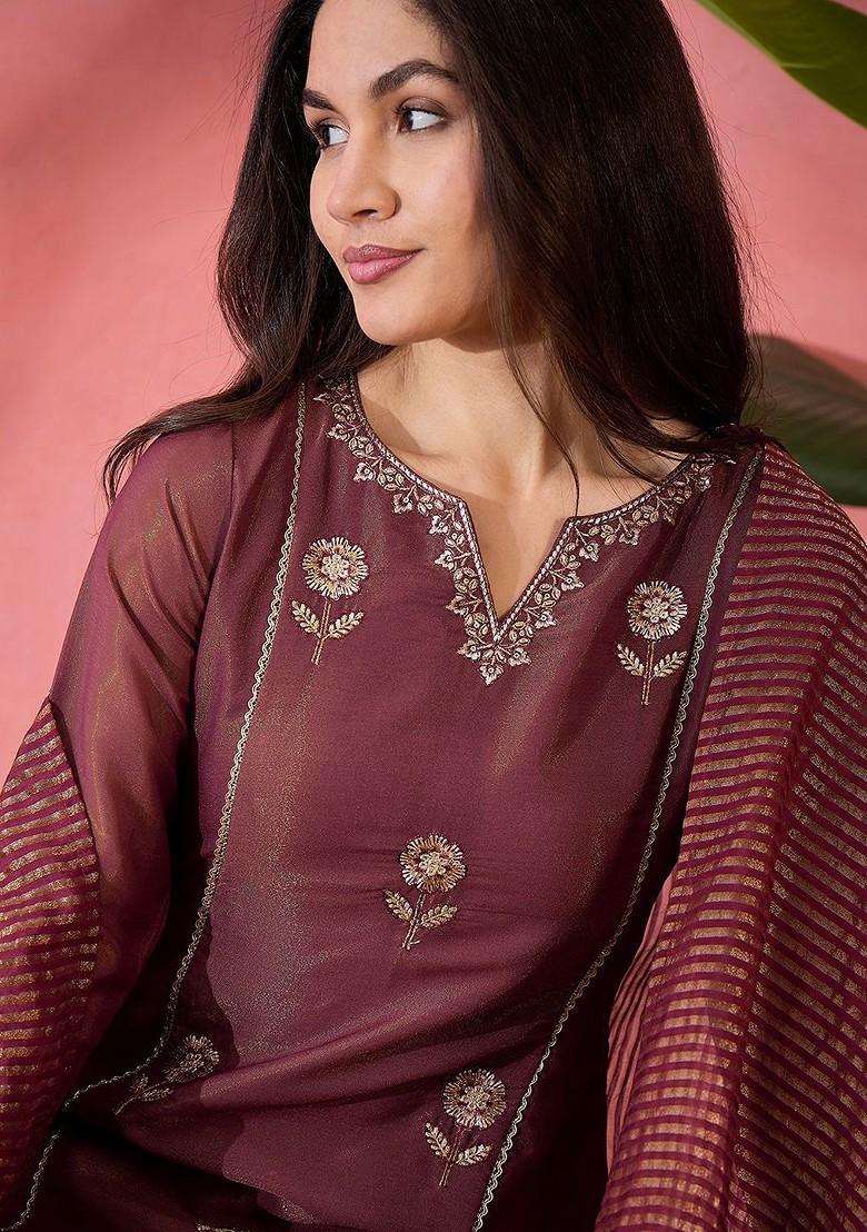Brown Embroidered Blended Kurta Set - Indya