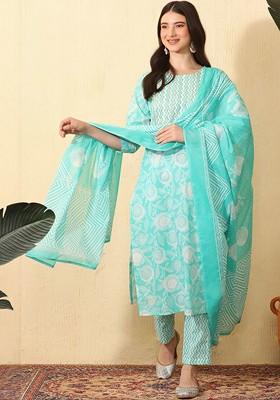 Turquoise Blue Printed Blended Kurta Set