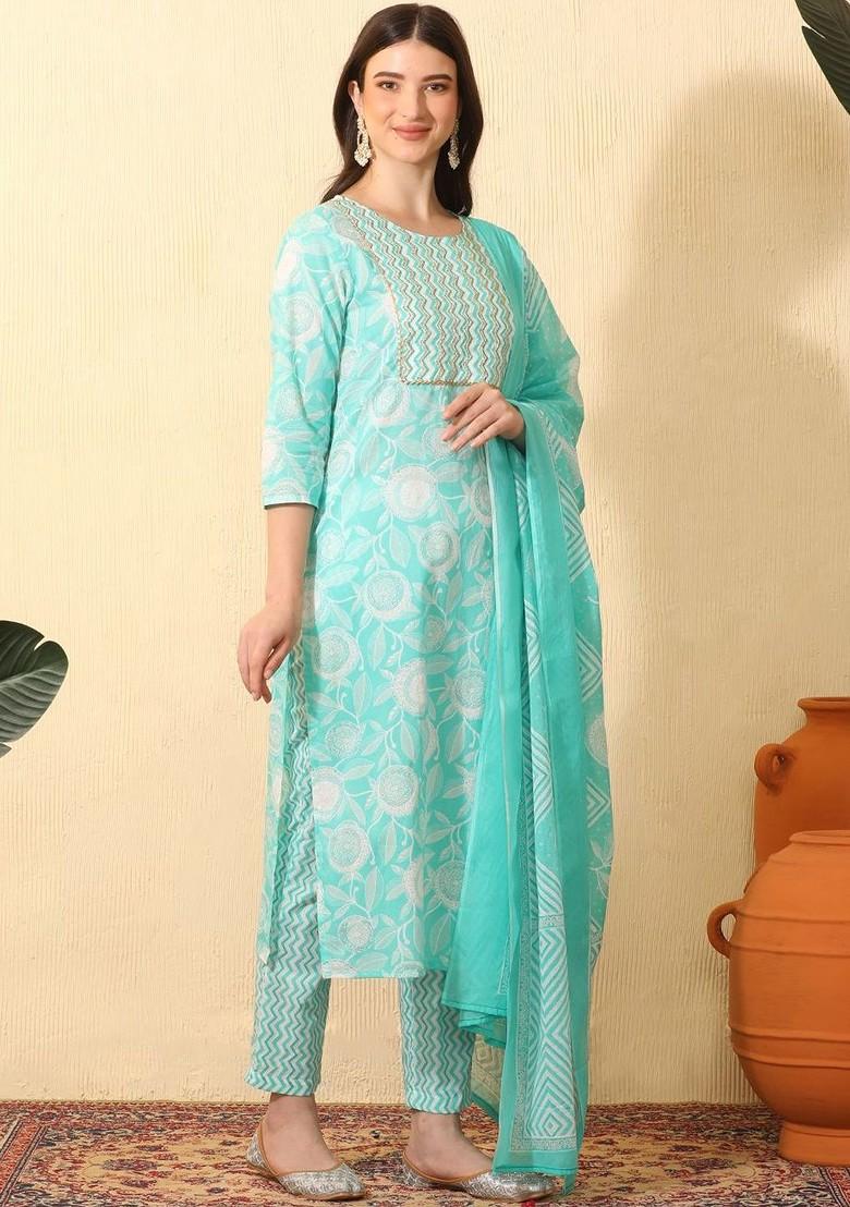 Turquoise Blue Printed Blended Kurta Set - Indya
