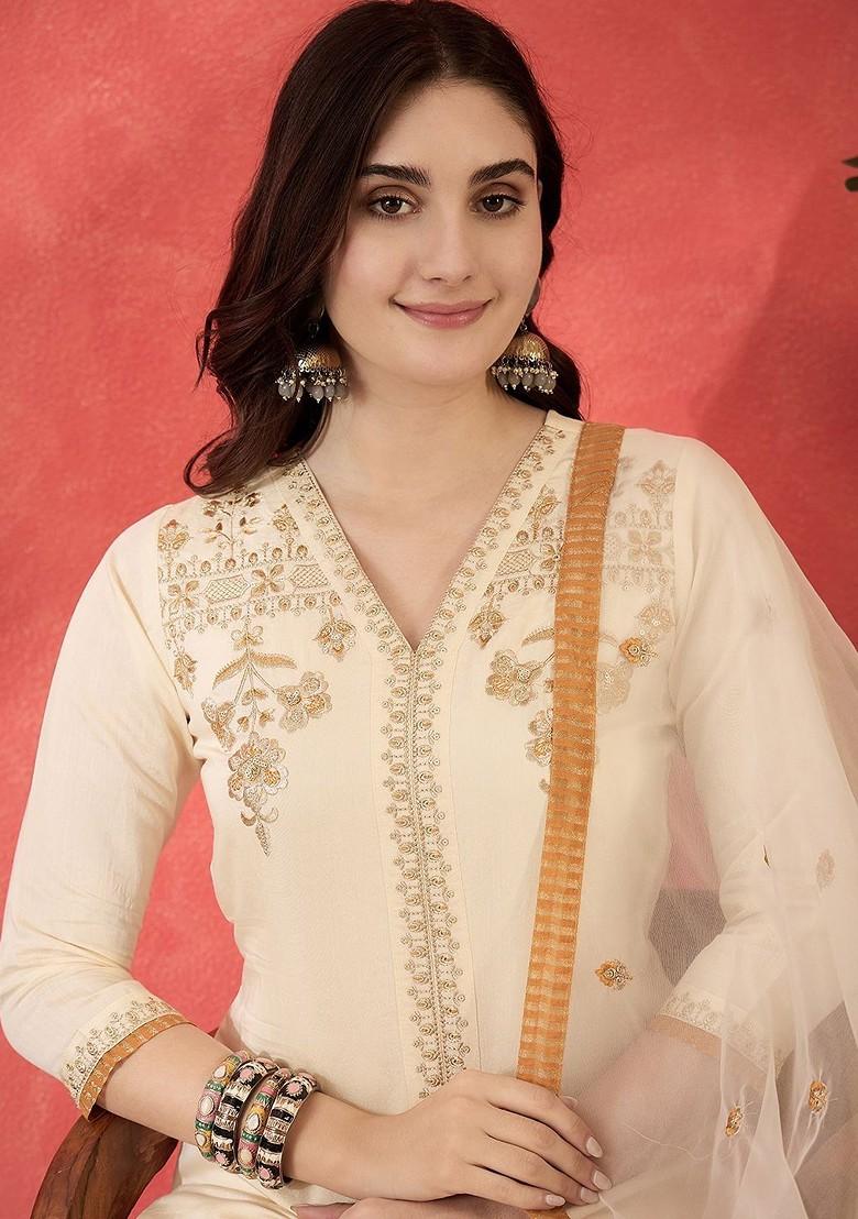 Cream Embroidered Blended Kurta Set - Indya