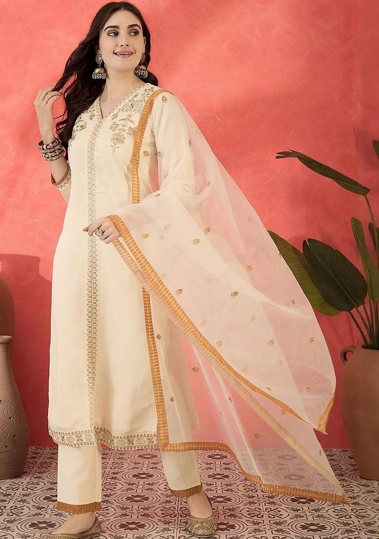 Cream Embroidered Blended Kurta Set - Indya