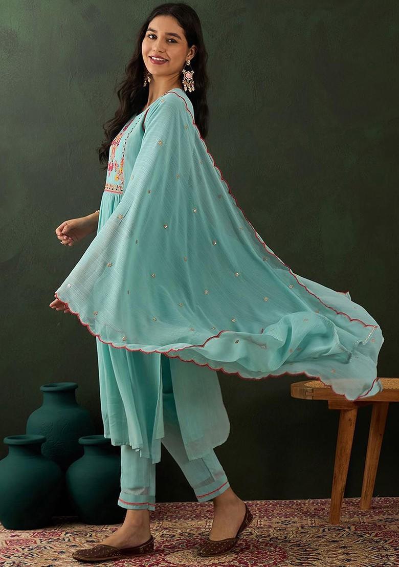 Turquoise Blue Embroidered Blended Kurta Set - Indya
