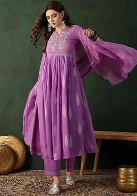 Lavender Printed Blended Kurta Set