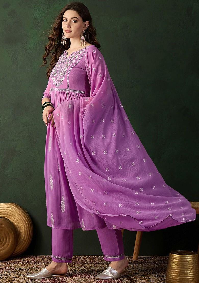 Lavender Printed Blended Kurta Set - Indya