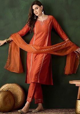 Orange Embroidered Blended Kurta Set