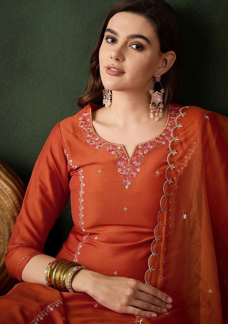 Orange Embroidered Blended Kurta Set - Indya