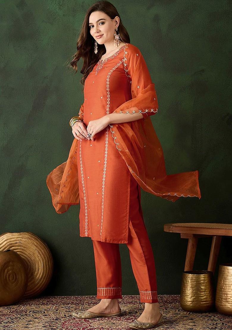 Orange Embroidered Blended Kurta Set - Indya