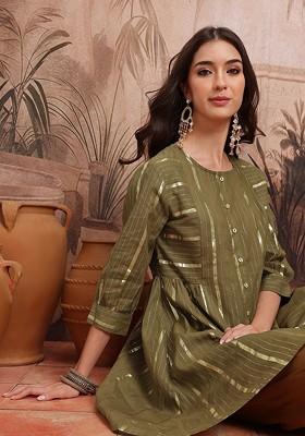 Olive Woven Design Blended Kurta Set