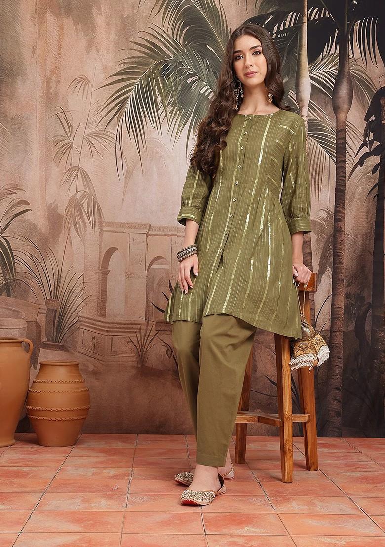 Olive Woven Design Blended Kurta Set - Indya