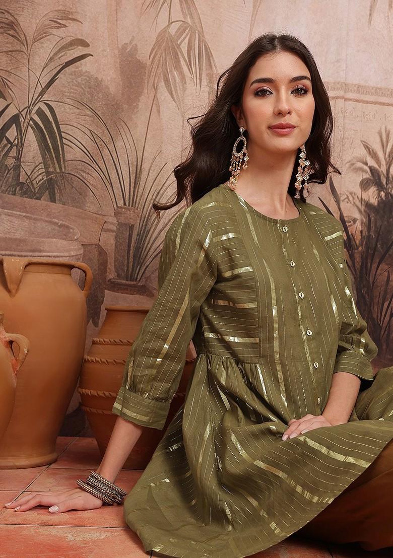 Olive Woven Design Blended Kurta Set - Indya