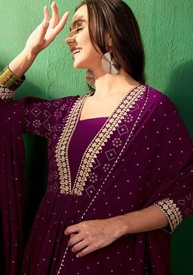 Purple Embroidered Blended Kurta Set