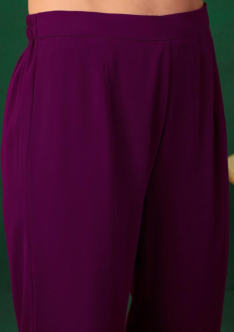 Purple Embroidered Blended Kurta Set - Indya