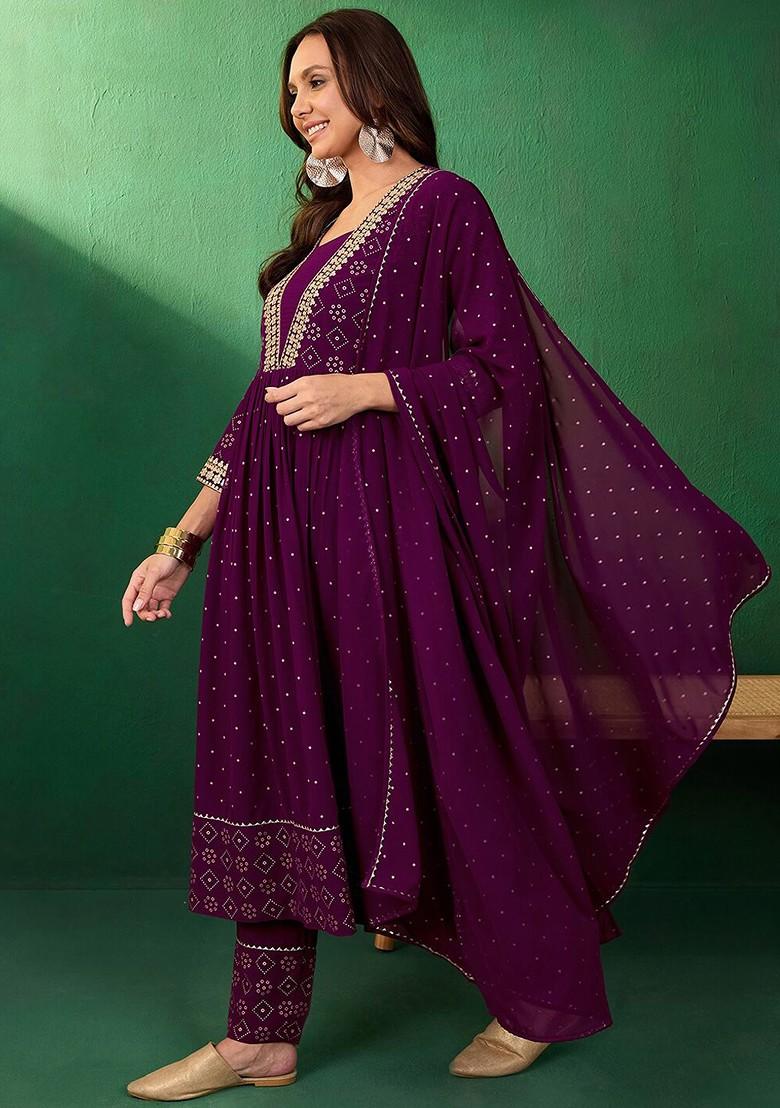 Purple Embroidered Blended Kurta Set - Indya