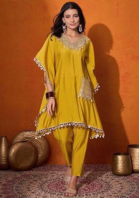 Yellow Mirror Work Blended Kurta Set