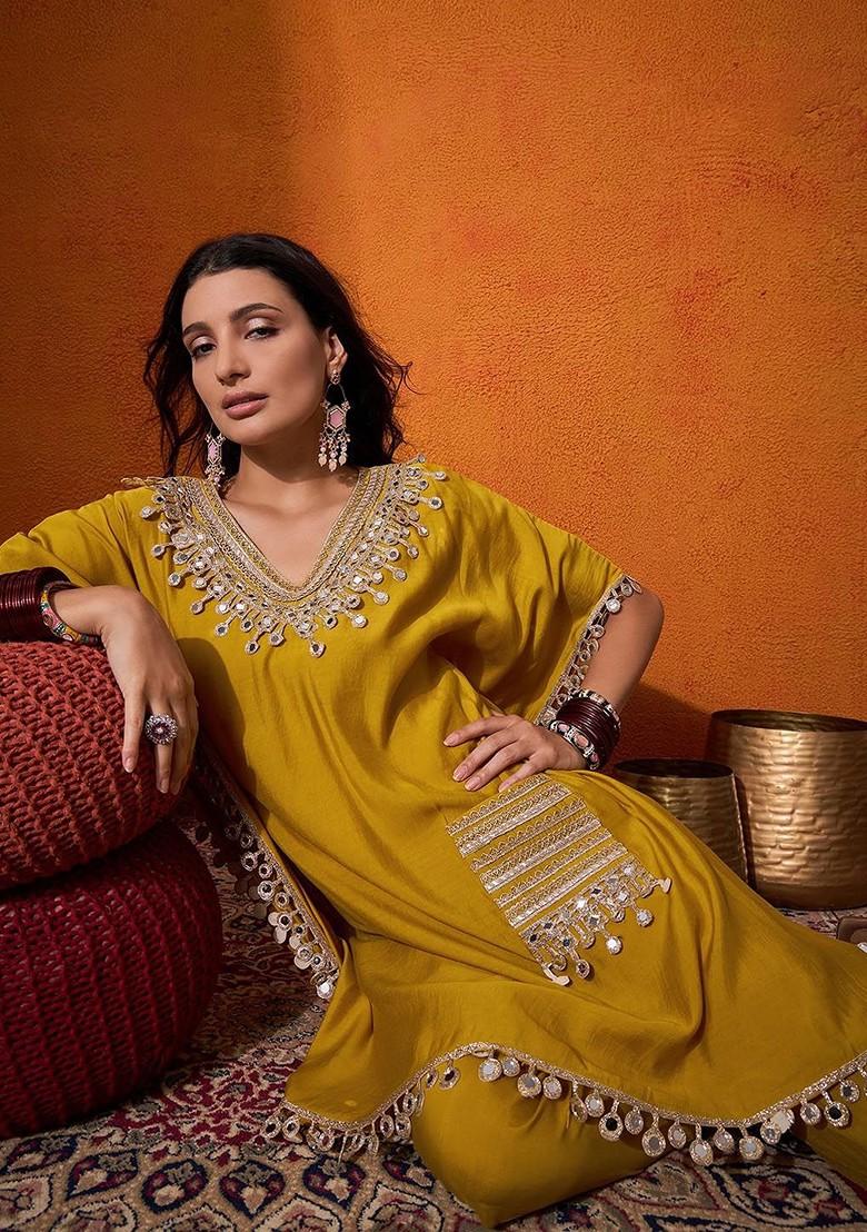 Yellow Mirror Work Blended Kurta Set - Indya