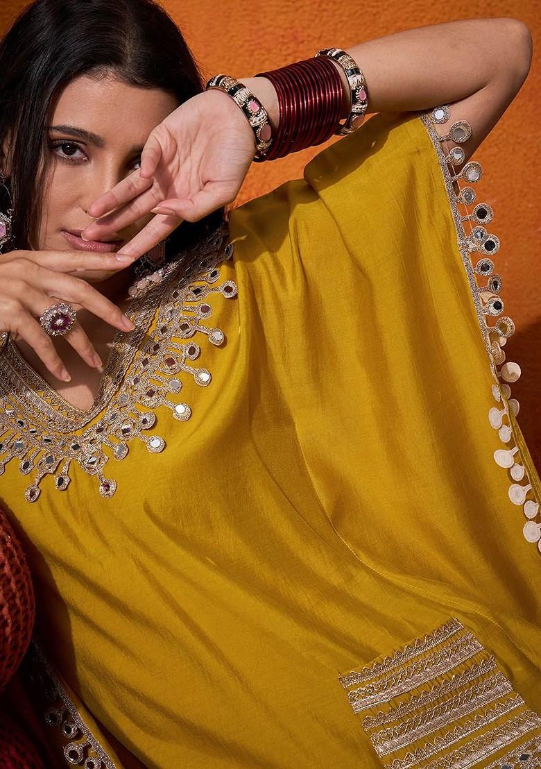 Yellow Mirror Work Blended Kurta Set - Indya