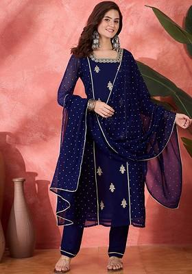 Navy Blue Embroidered Blended Kurta Set