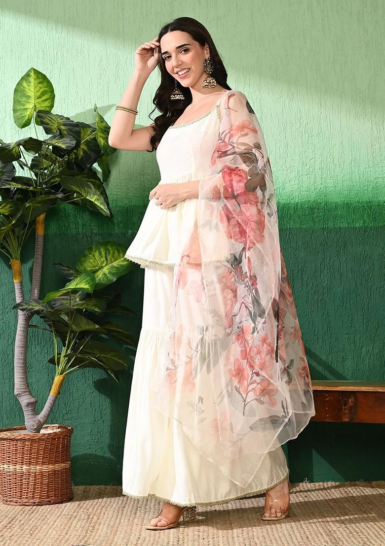 Off White Printed Blended Kurta Set - Indya