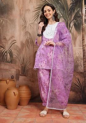 Lavender Printed Blended Kurta Set