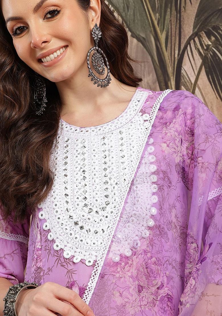 Lavender Printed Blended Kurta Set - Indya