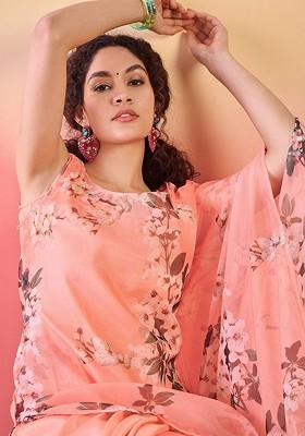 Orange Printed Blended Kurta Set