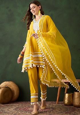 Yellow Embroidered Blended Kurta Set
