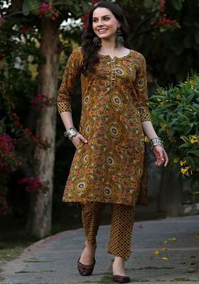 Mustard Printed Blended Kurta Set