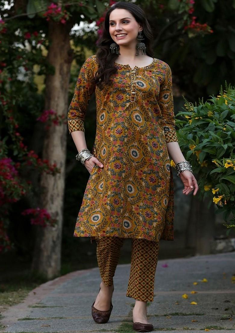 Mustard Printed Blended Kurta Set - Indya