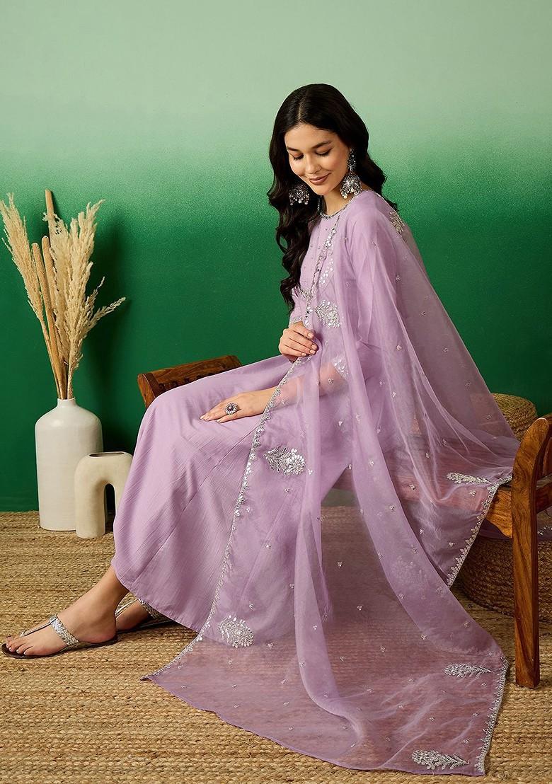 Lavender Embroidered Blended Kurta Set - Indya