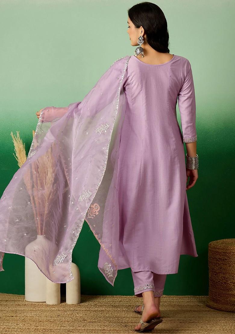 Lavender Embroidered Blended Kurta Set - Indya