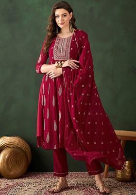 Maroon Embroidered Blended Kurta Set