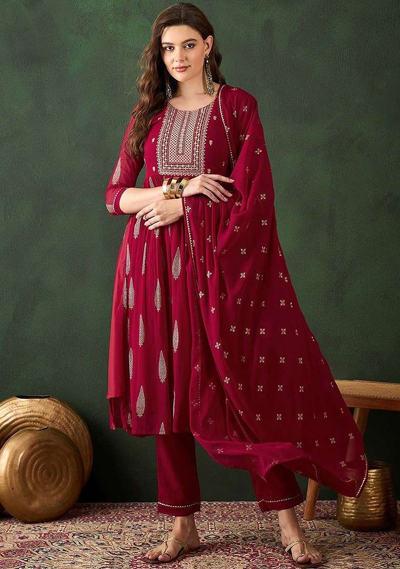 Maroon Embroidered Blended Kurta Set - Indya