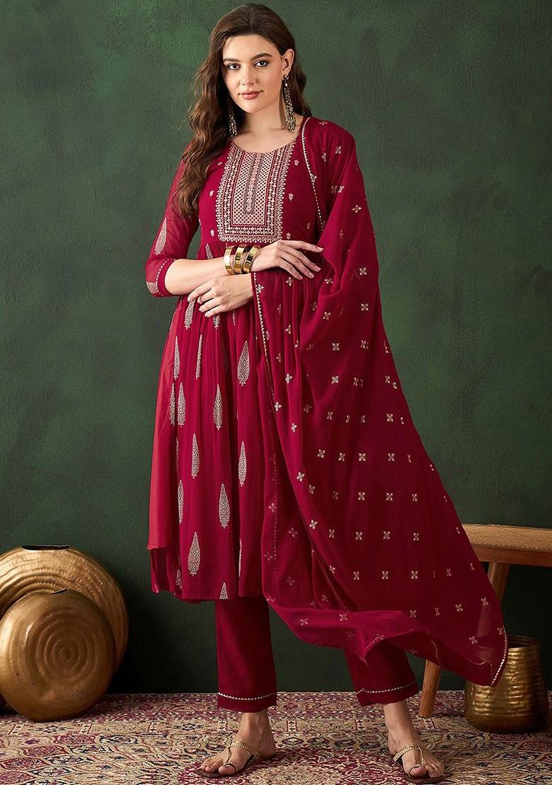 Maroon Embroidered Blended Kurta Set - Indya