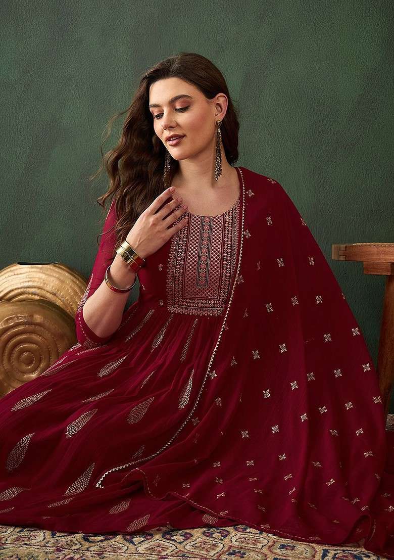 Maroon Embroidered Blended Kurta Set - Indya