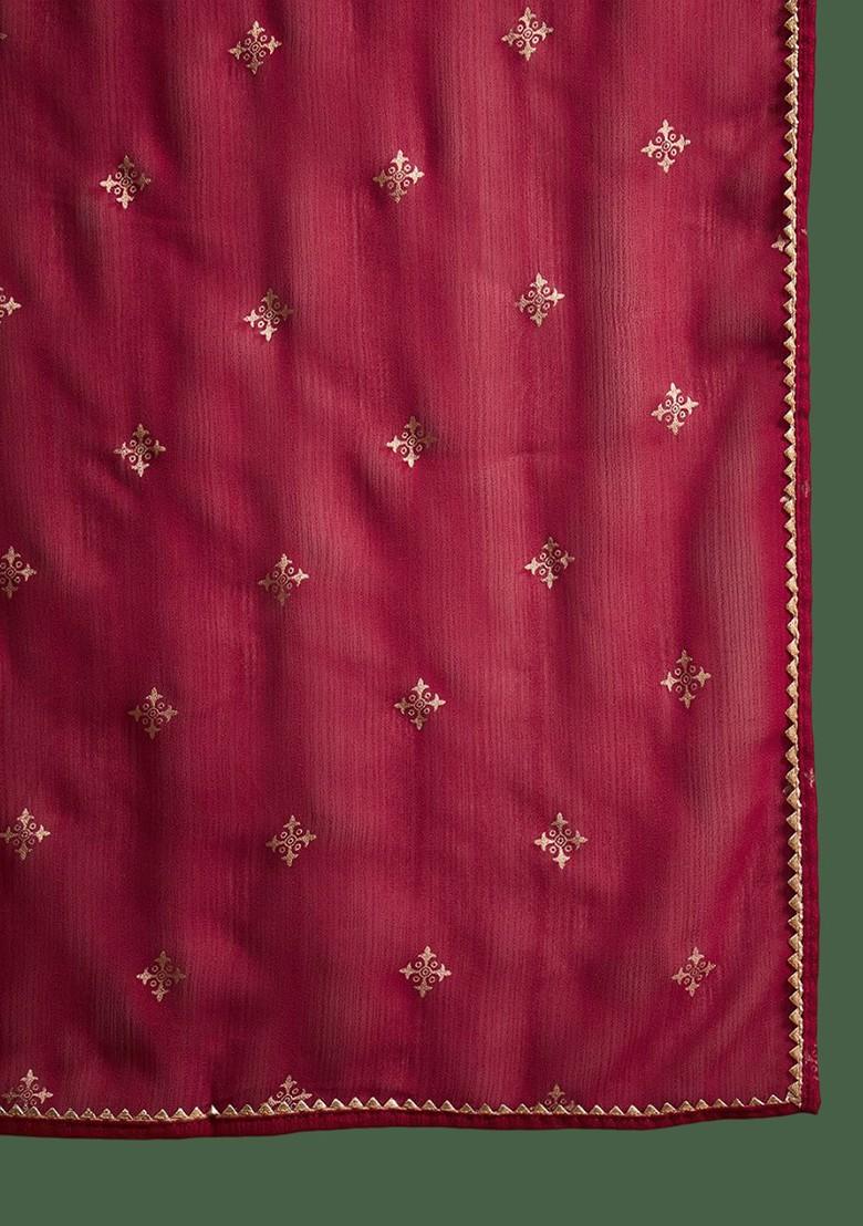 Maroon Embroidered Blended Kurta Set - Indya