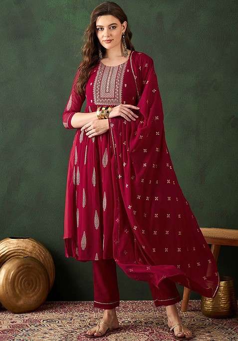 Maroon Embroidered Blended Kurta Set